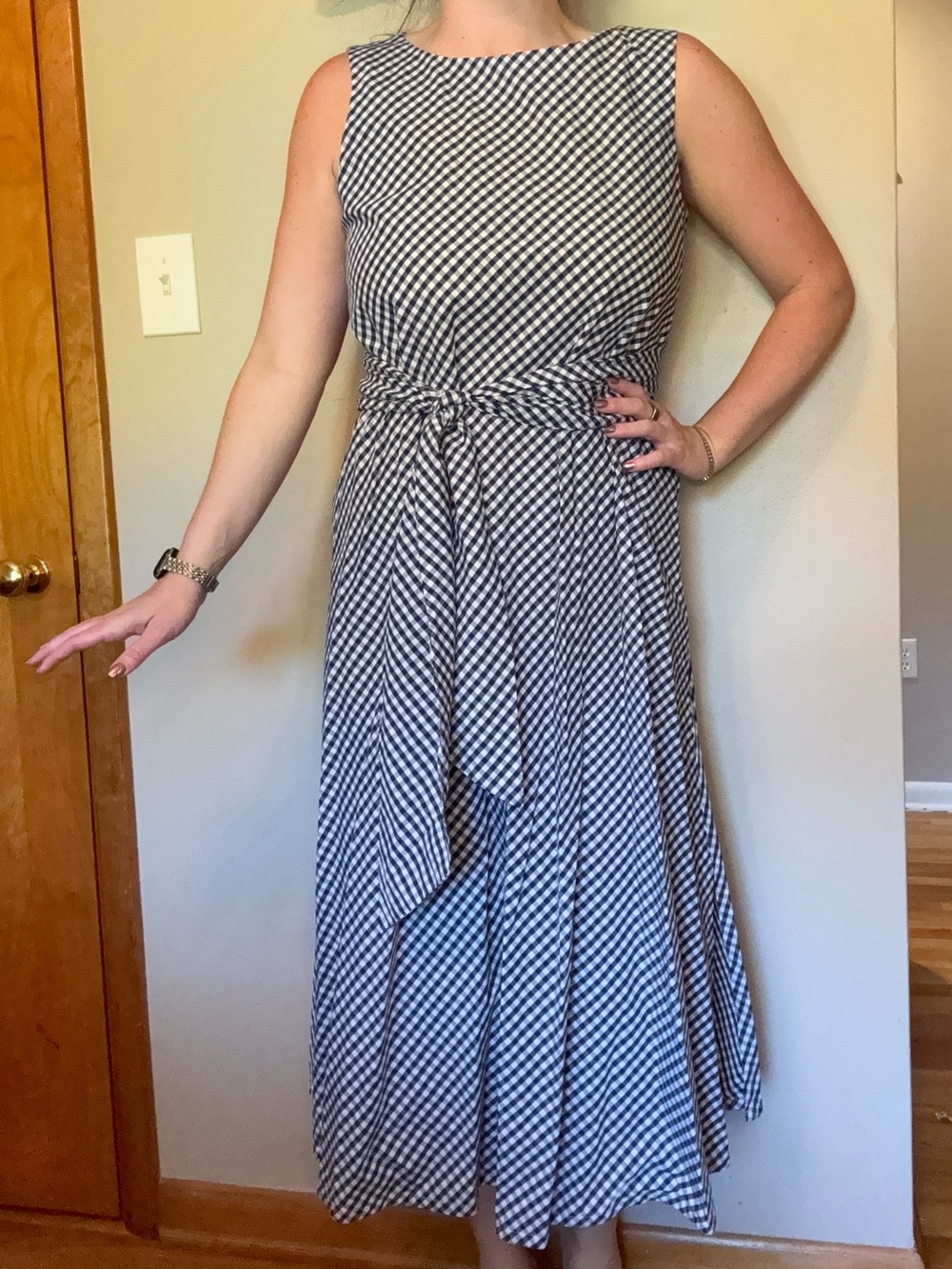 Anne Klein Sleeveless Navy and White Gingham Midi Dress - Picture 3 of 3